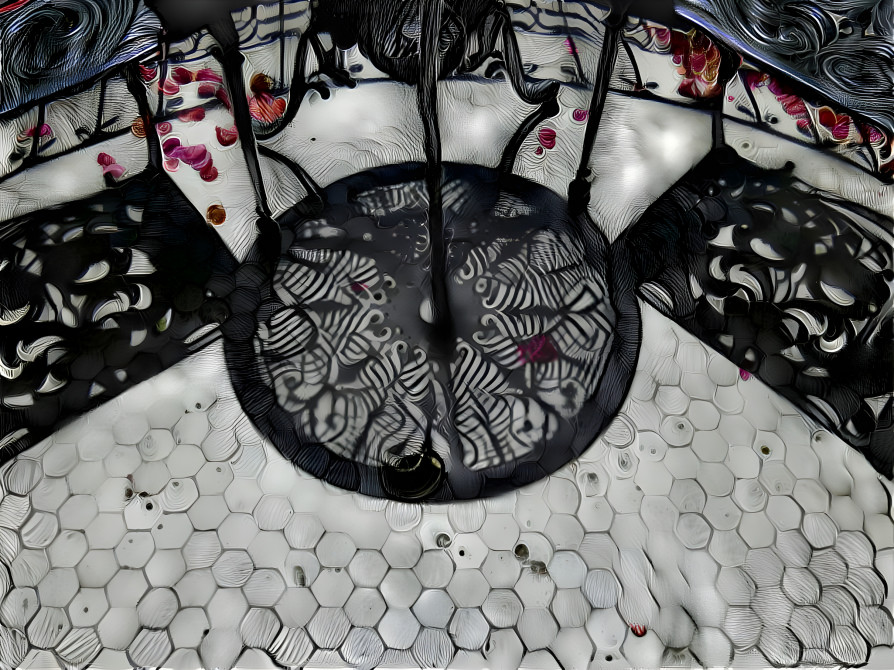 Shadow of a table and chairs with petals