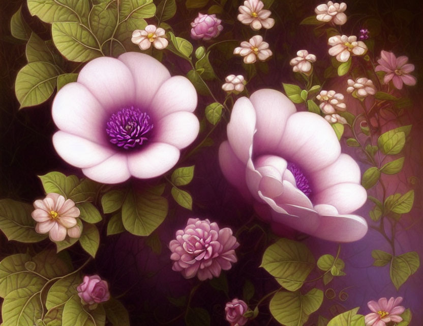 Vibrant digital painting of pink and white flowers with purple centers on a lush green and purple background