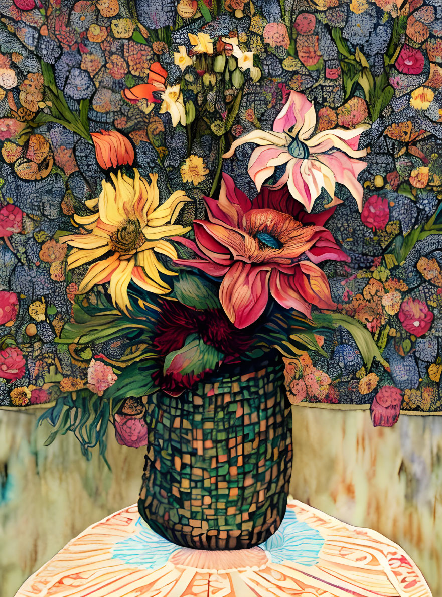 Colorful flower bouquet in textured vase on patterned surface with floral backdrop