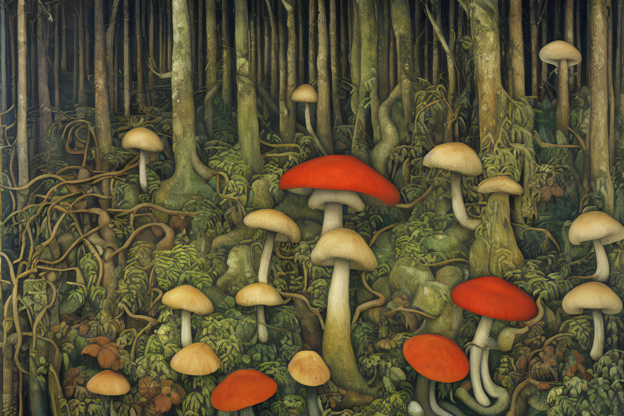 Enchanting forest with tall trees and vibrant red mushrooms