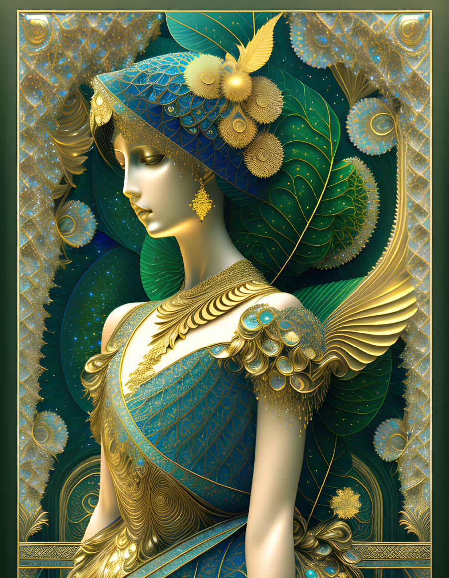 Regal woman in gold and blue with peacock feather motifs