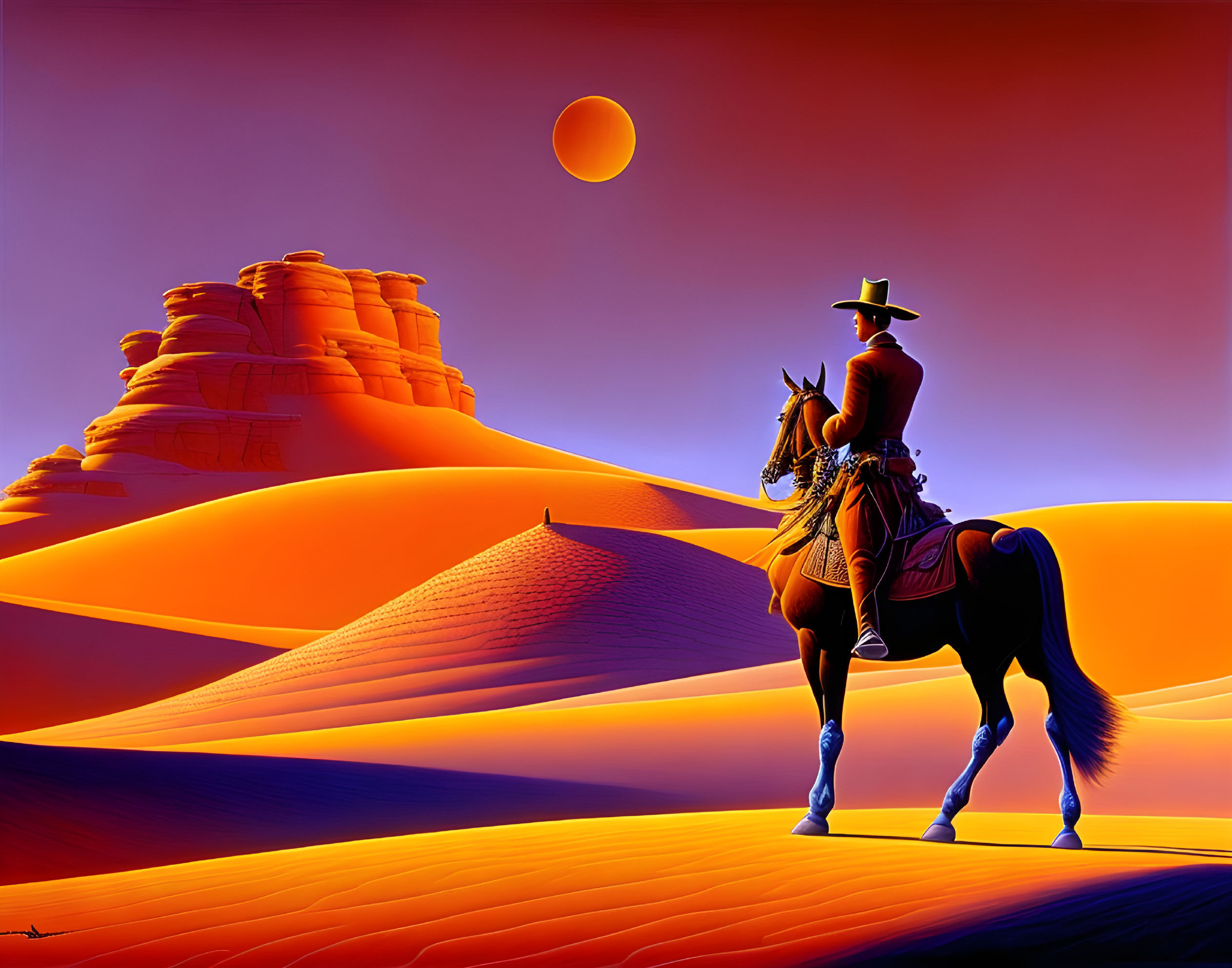 Lone cowboy on horseback in desert sunset landscape