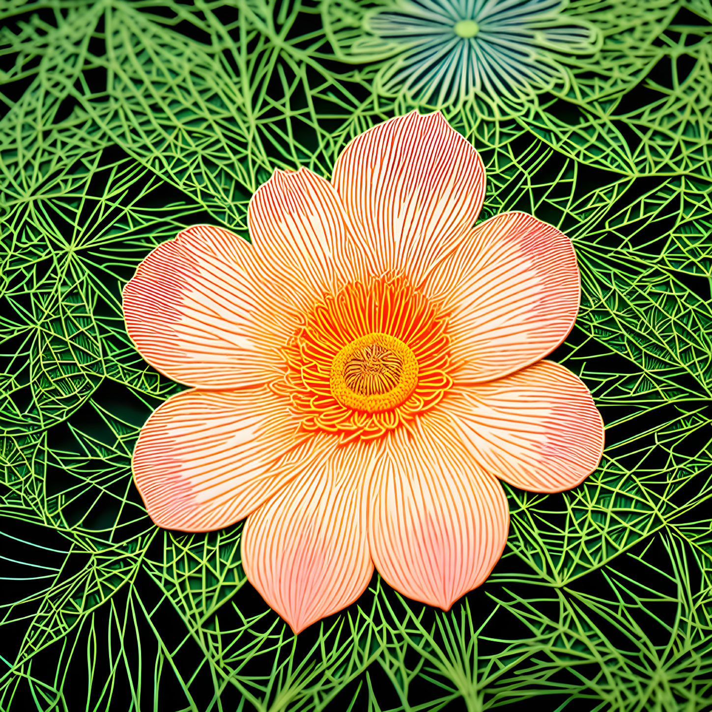 Detailed Orange Flower Illustration on Dark Background with Green Geometric Designs