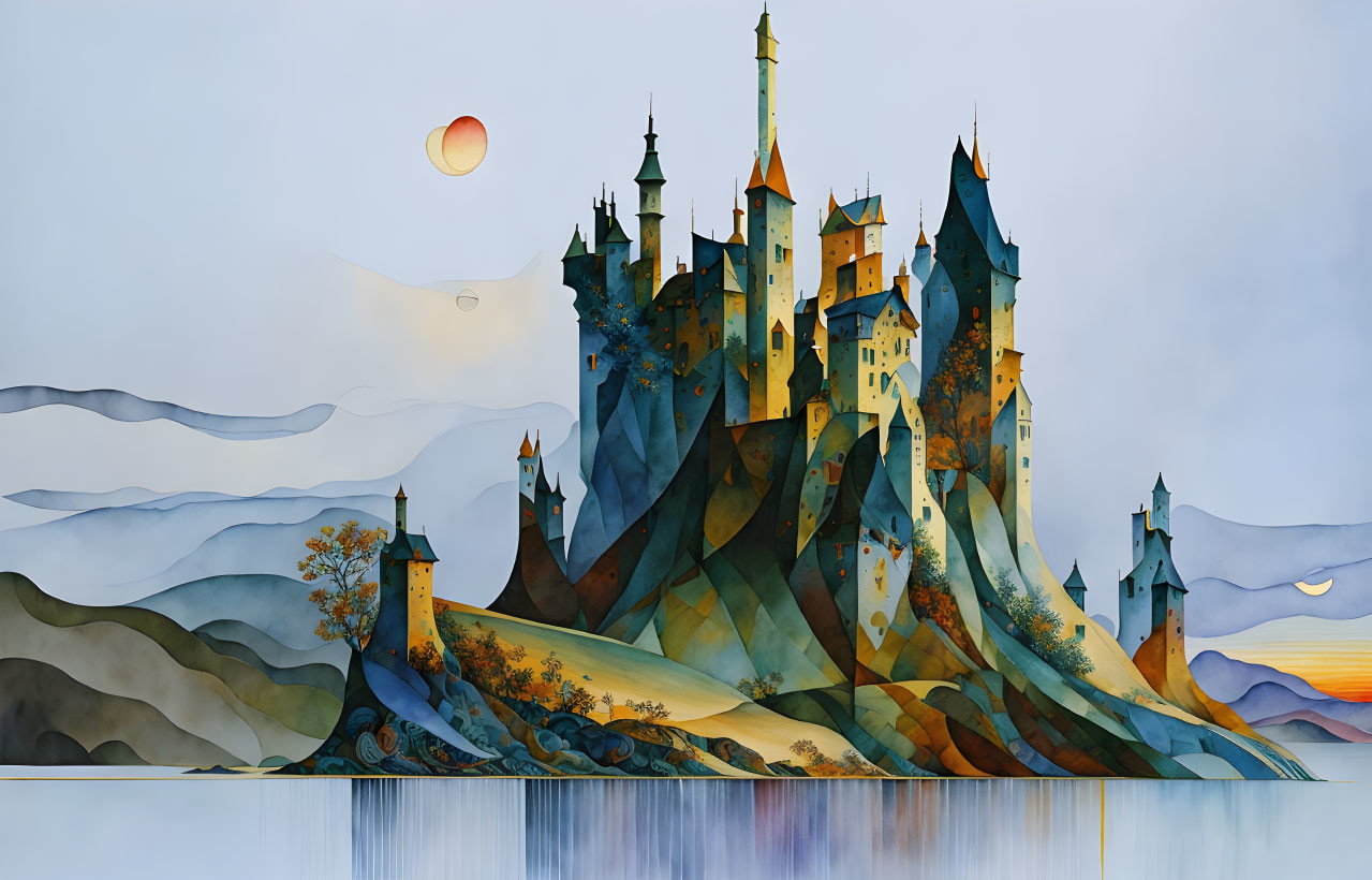 Fantastical castle with multiple spires against rolling hills and red moon