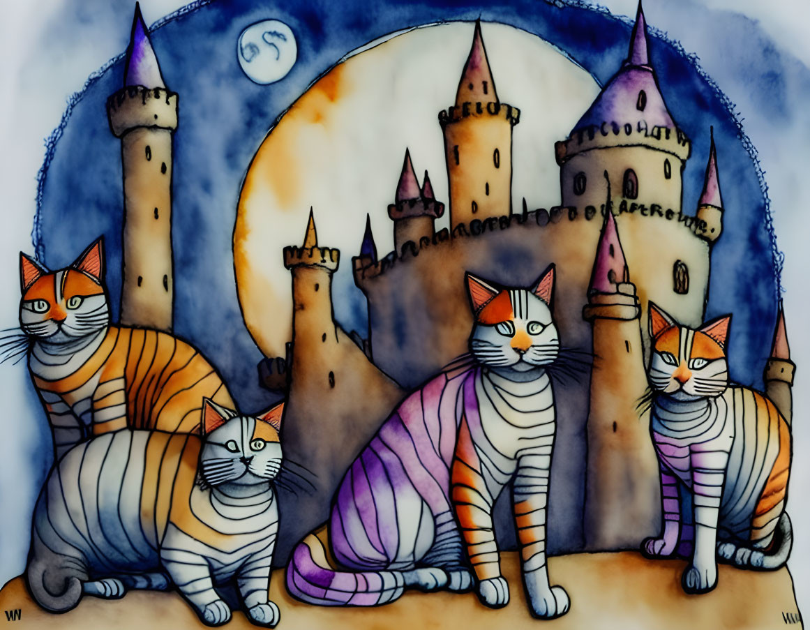 Whimsical castle with stylized cats under moonlit sky