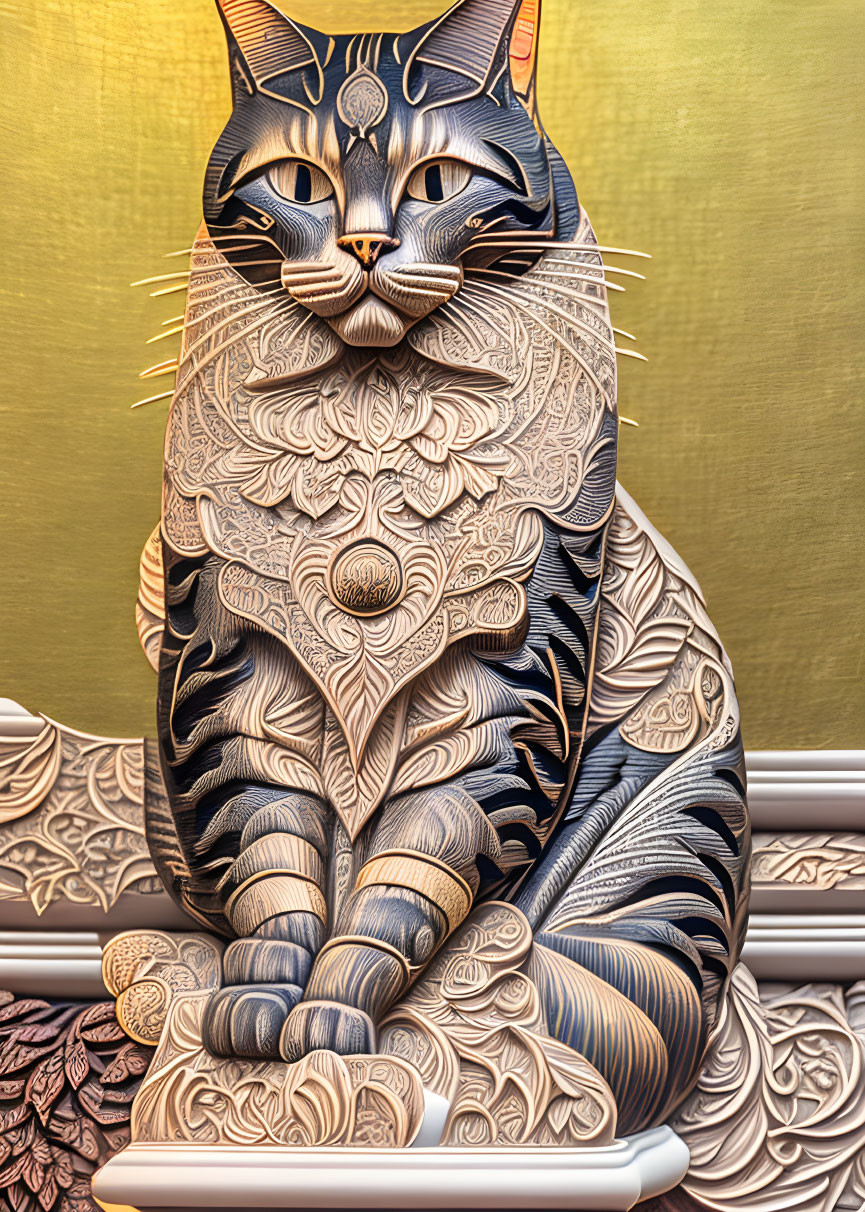 Detailed Sitting Cat Sculpture with Floral Patterns on Golden Background