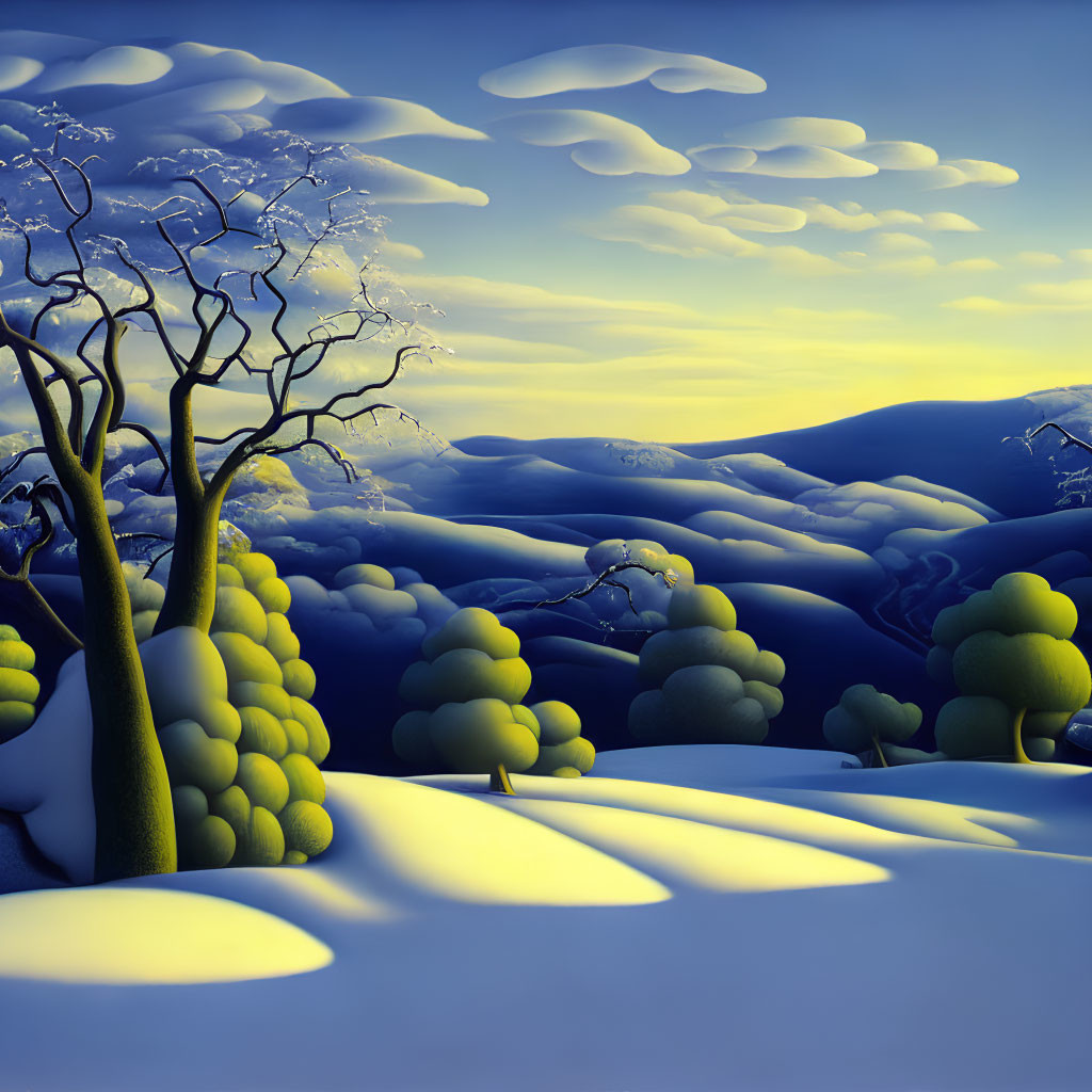 Winter landscape with snow-covered trees and rolling hills in serene blue hue