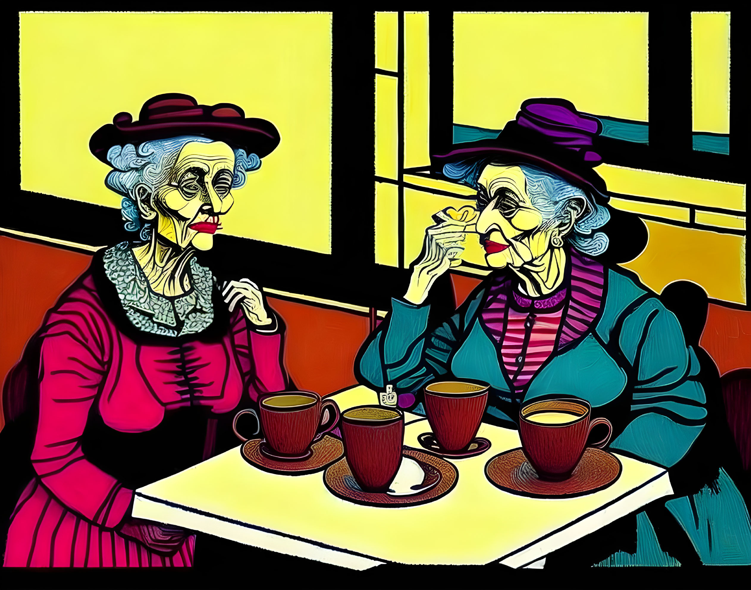 Stylized elderly women chatting over coffee against bold background