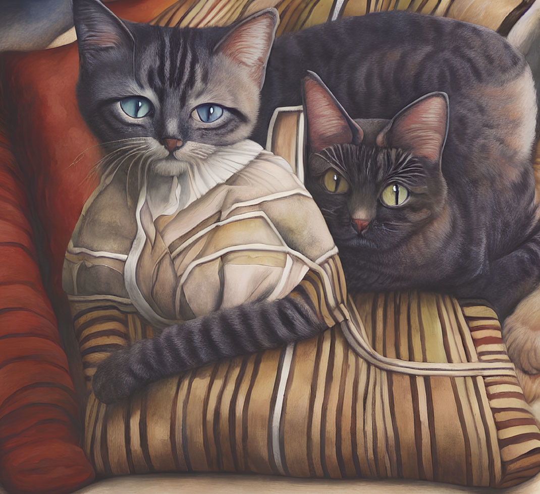 Two Cats Resting on Patterned Cushion with Colorful Pillows