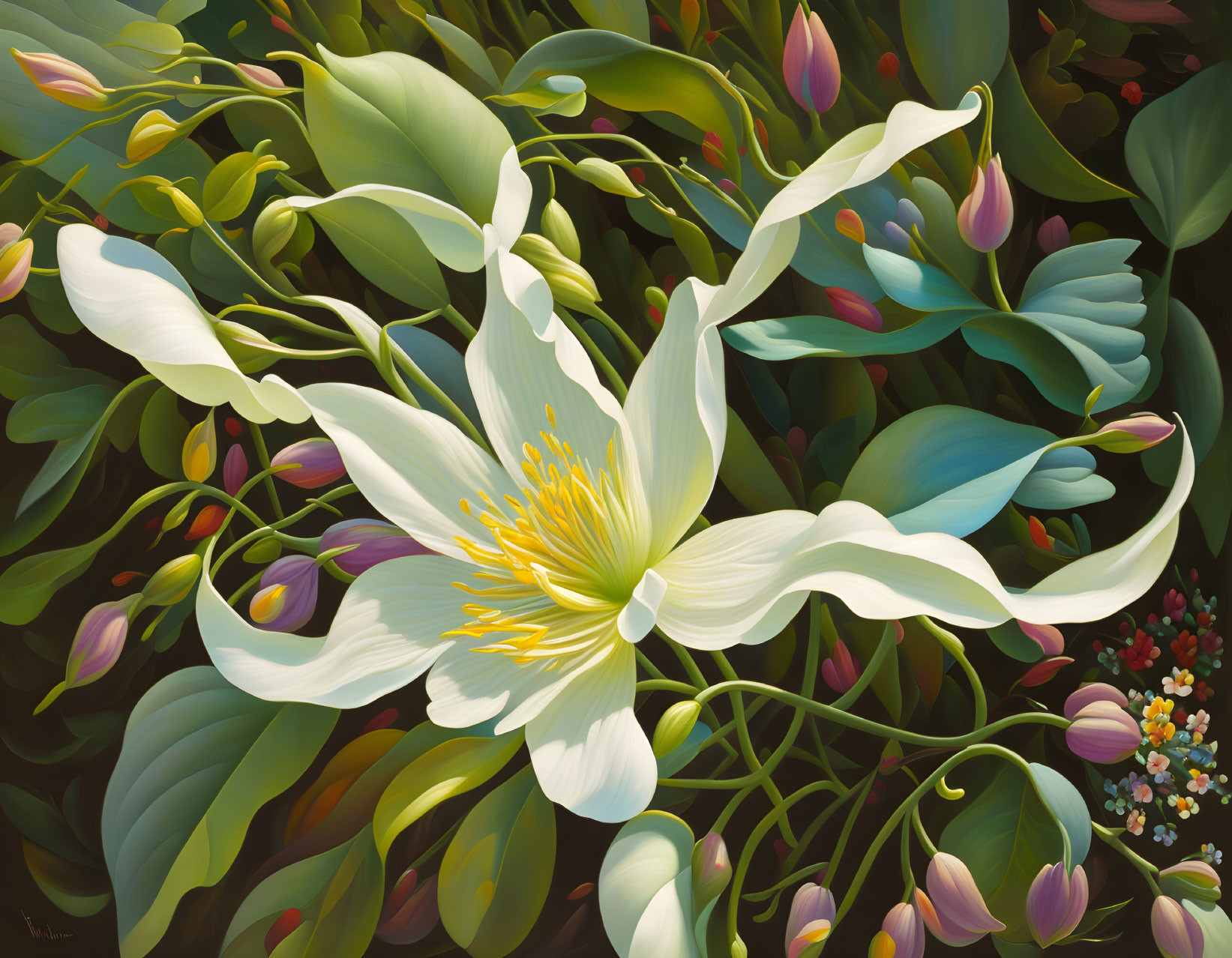 Colorful painting of large white flower with pink and blue buds in green foliage