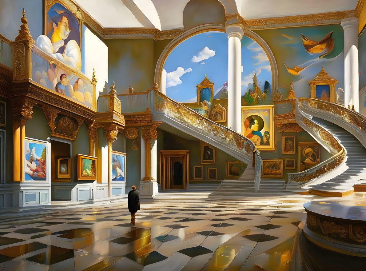 Sunlit Hall with Checkered Floors and Classical Paintings