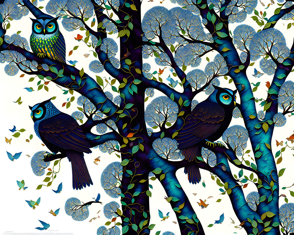 Colorful Illustration of Ornate Owls on Patterned Trees with Butterflies