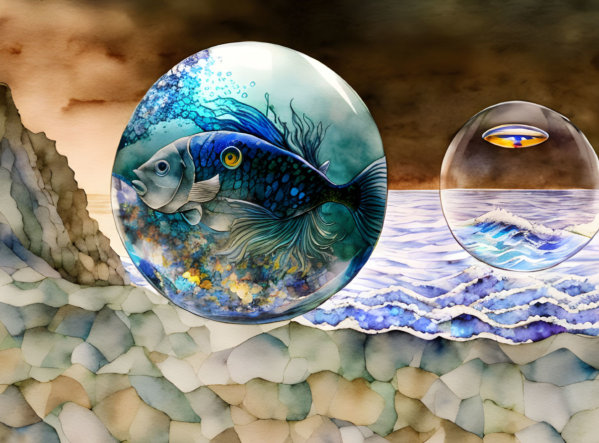 Colorful Fish in Water Droplet Reflecting Wave on Watercolor Background