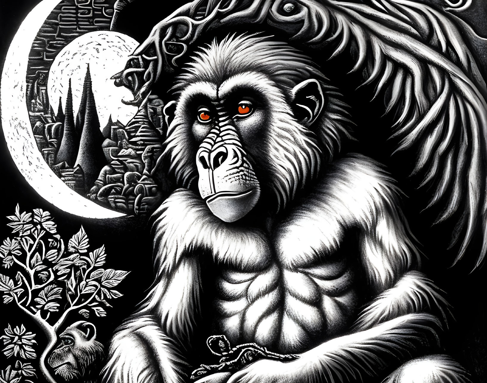 Monochrome illustration of pensive monkey with red eyes holding skull