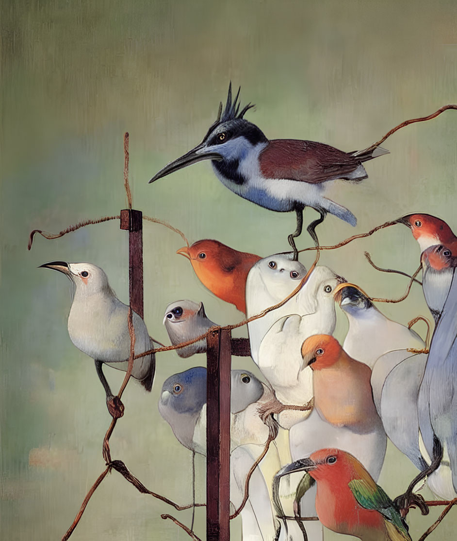 Stylized Birds Perched on Twisted Branches in Muted Green Scene