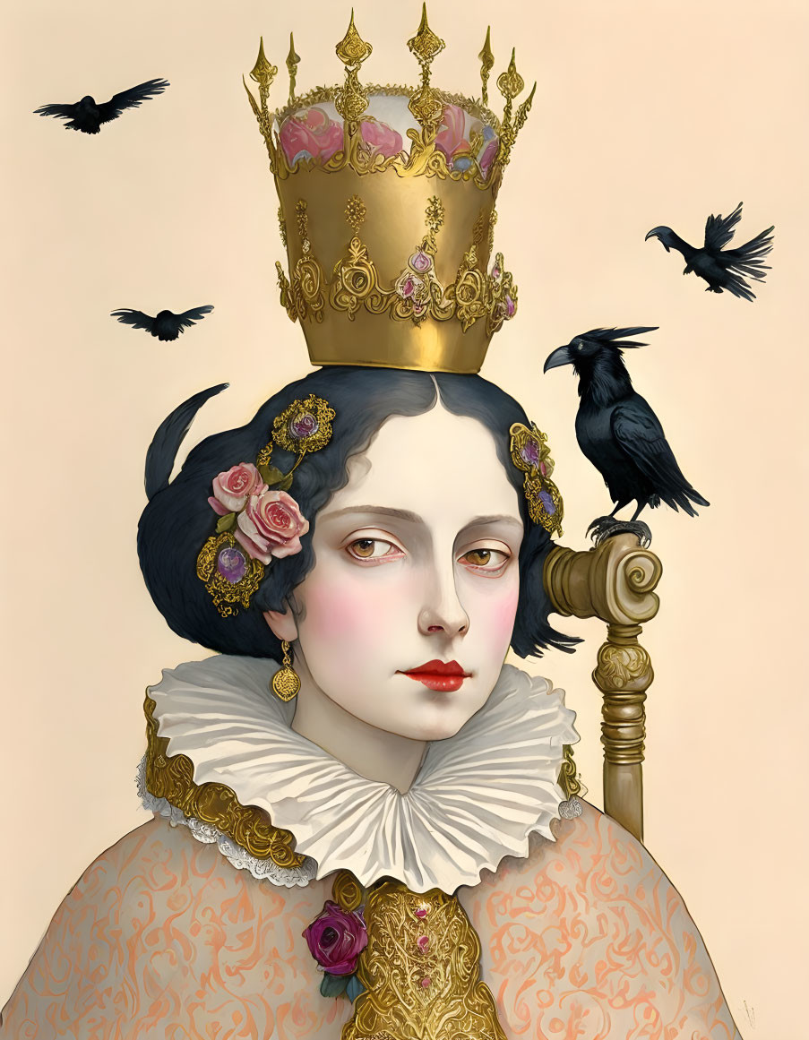 Illustrated woman with dark hair, roses, golden crown, and black birds