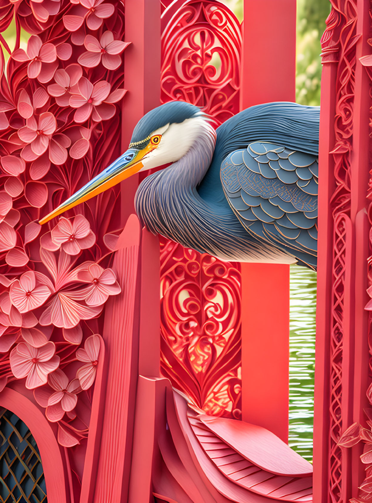 Detailed illustration of blue heron on ornate red structure among pink flowers