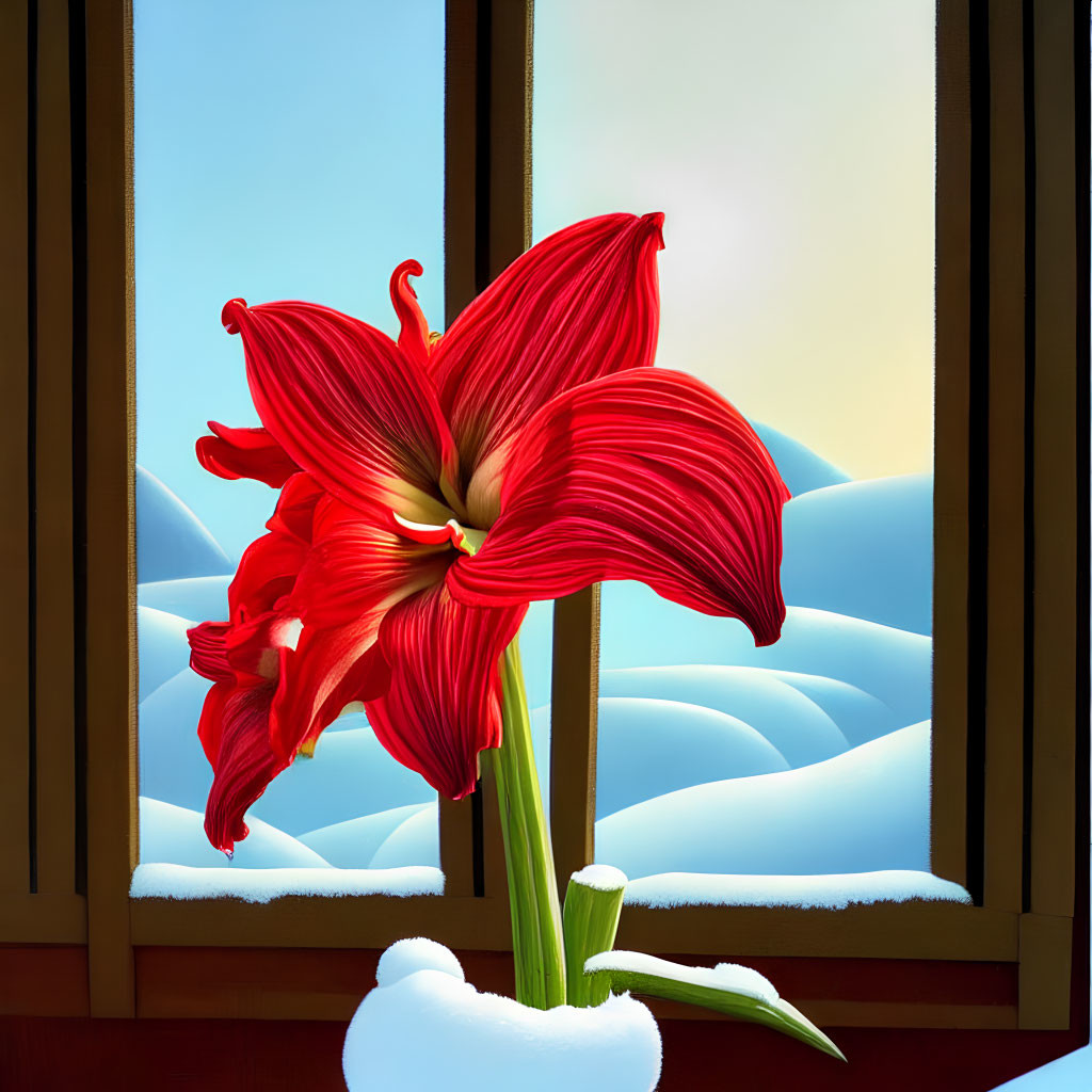 Red Flower Blooms by Window with Snow-Covered Hills & Gradient Sky