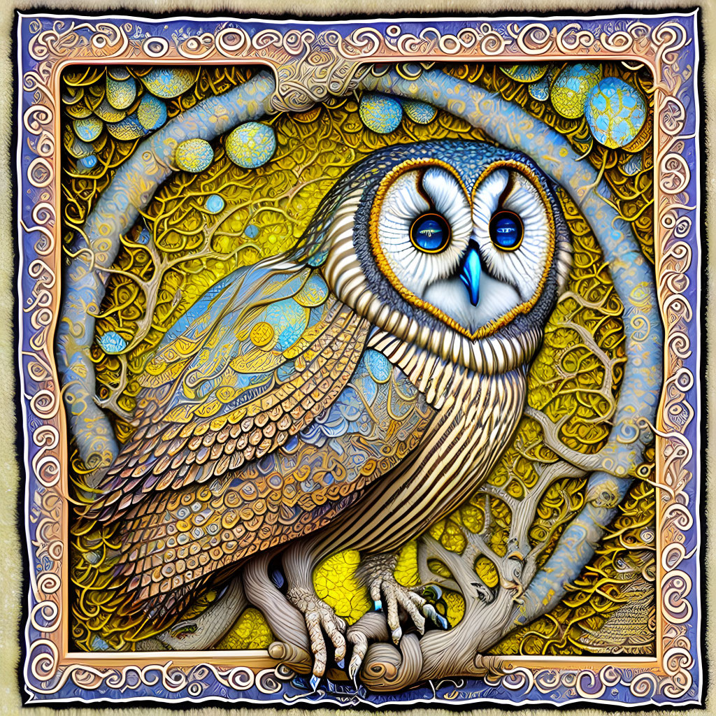 Detailed illustration of an owl with intricate patterns and deep blue eyes perched on a branch within an orn