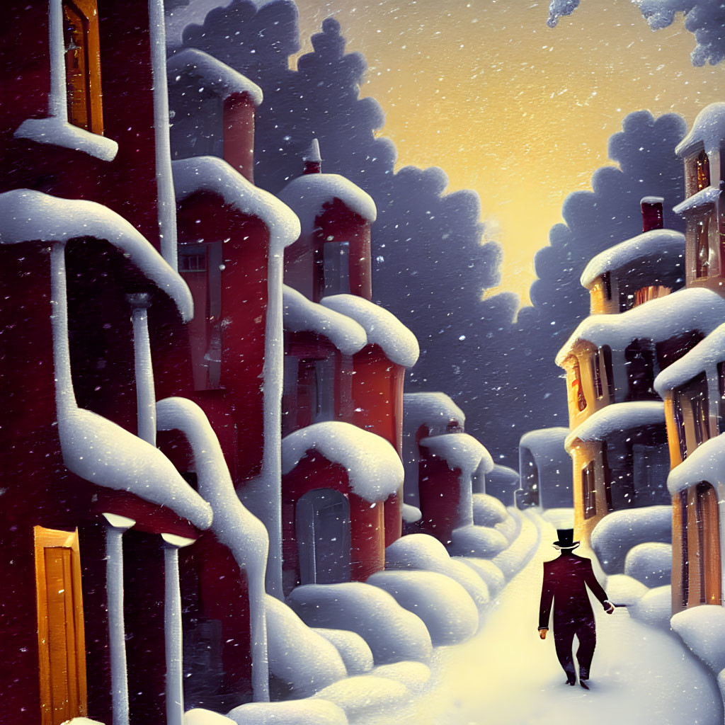 Person walking on snowy, lamp-lit street at twilight