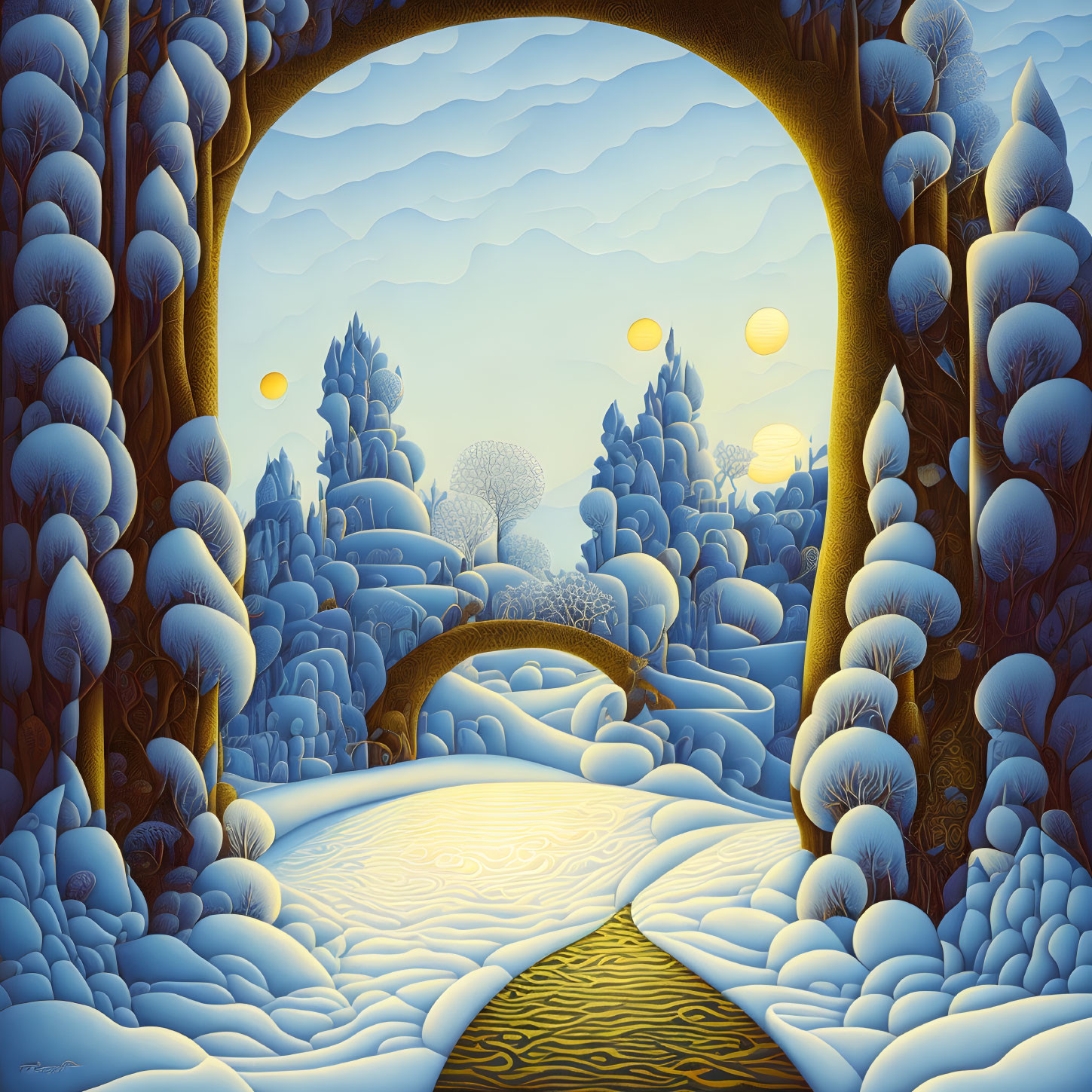 Stylized landscape with golden path, archway, blue and white trees, sunset sky, two