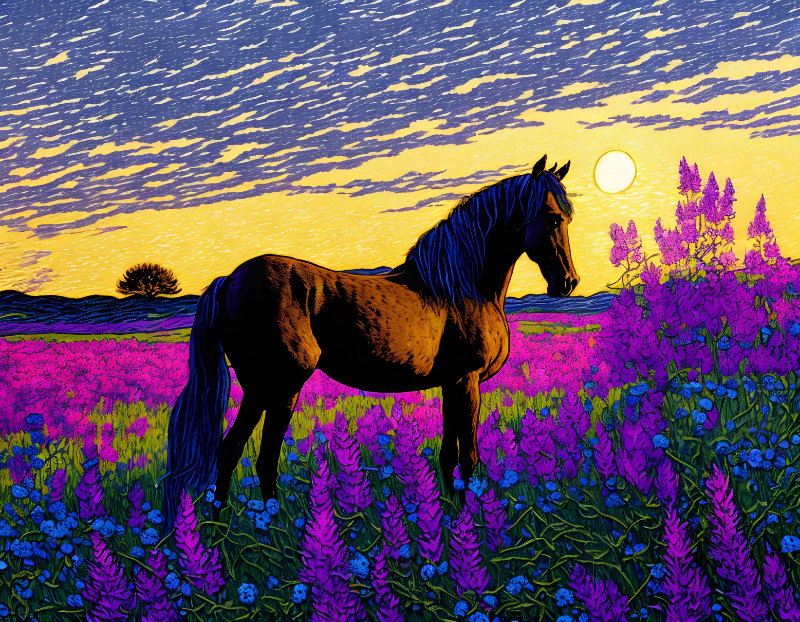 Vibrant horse among purple flowers under dramatic sky