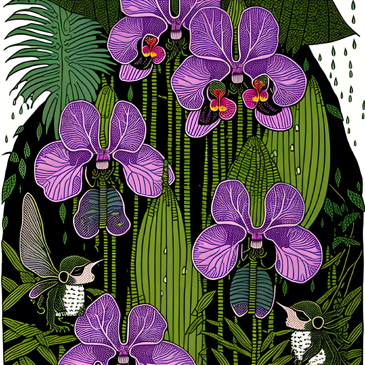 Colorful purple orchids and white birds in lush green foliage