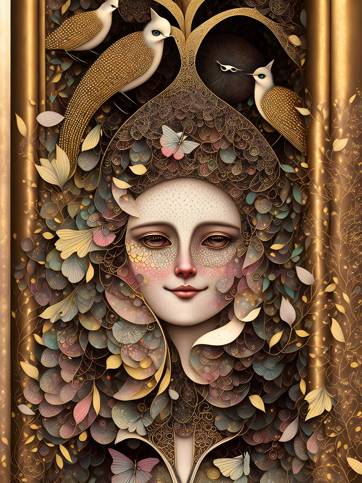 Detailed Art Nouveau fantasy illustration of woman's face with peacocks and gold accents