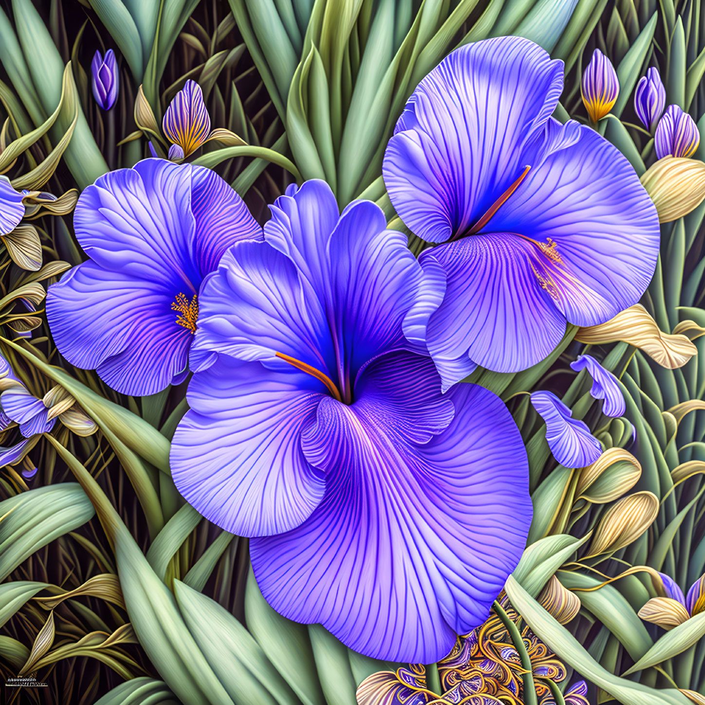 Detailed digital artwork of blue-purple irises and green foliage