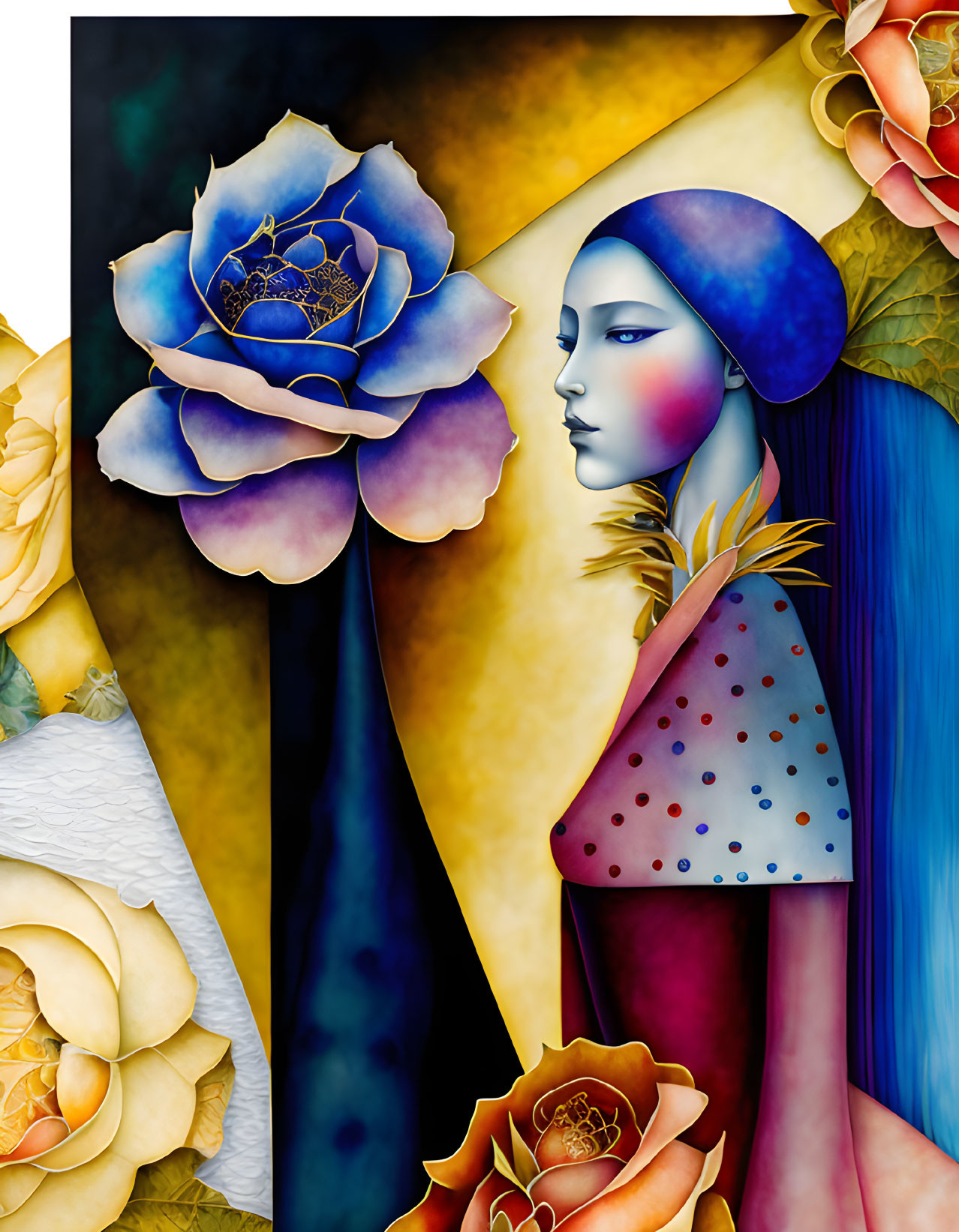 Surreal artwork: Blue-skinned woman with vibrant flowers