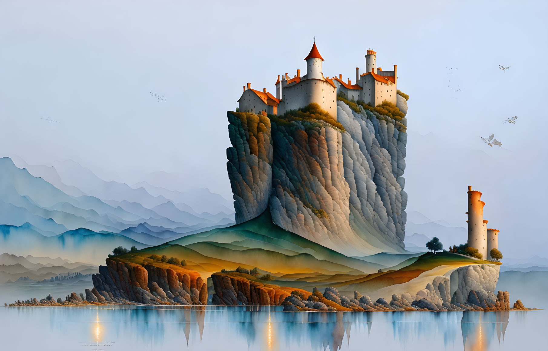 Majestic castle on cliff with tower, water, misty mountains