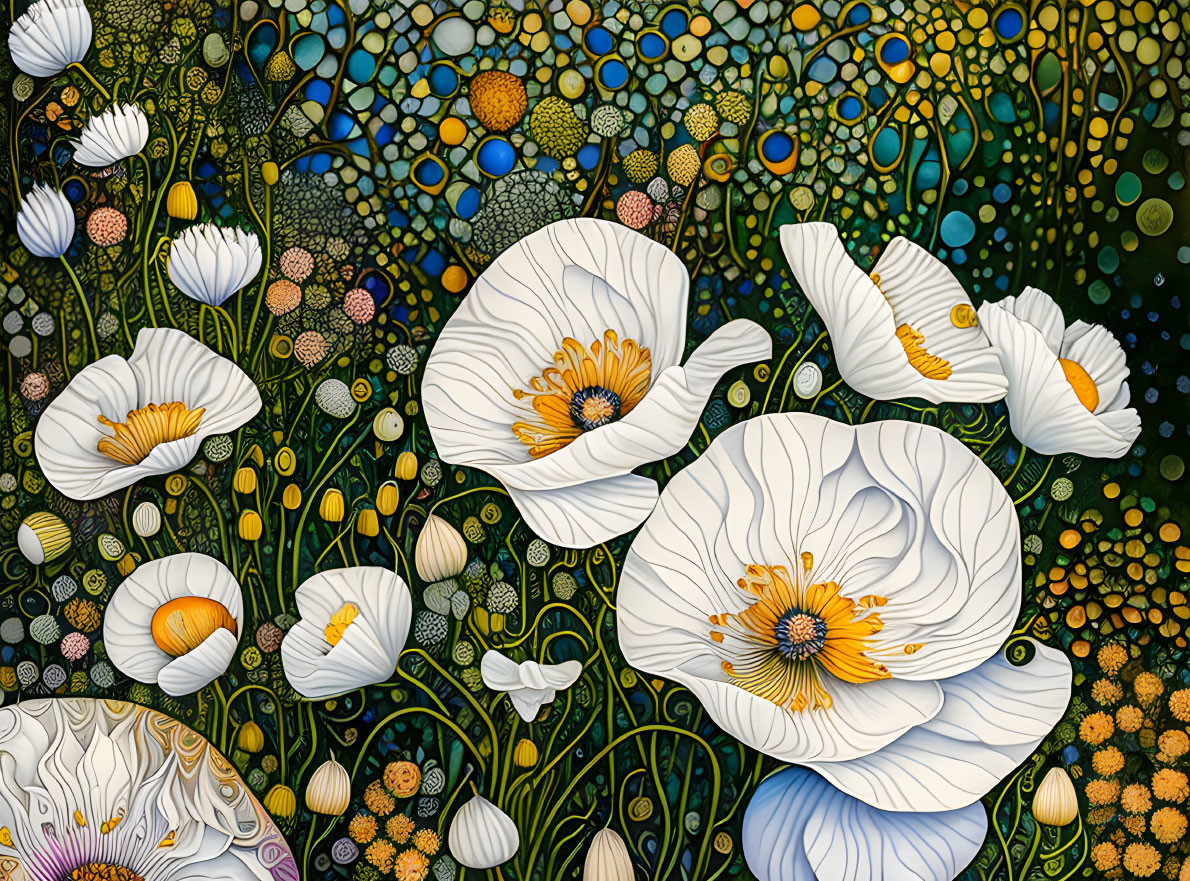 Colorful Stylized White Flowers with Yellow Centers on Dark Background