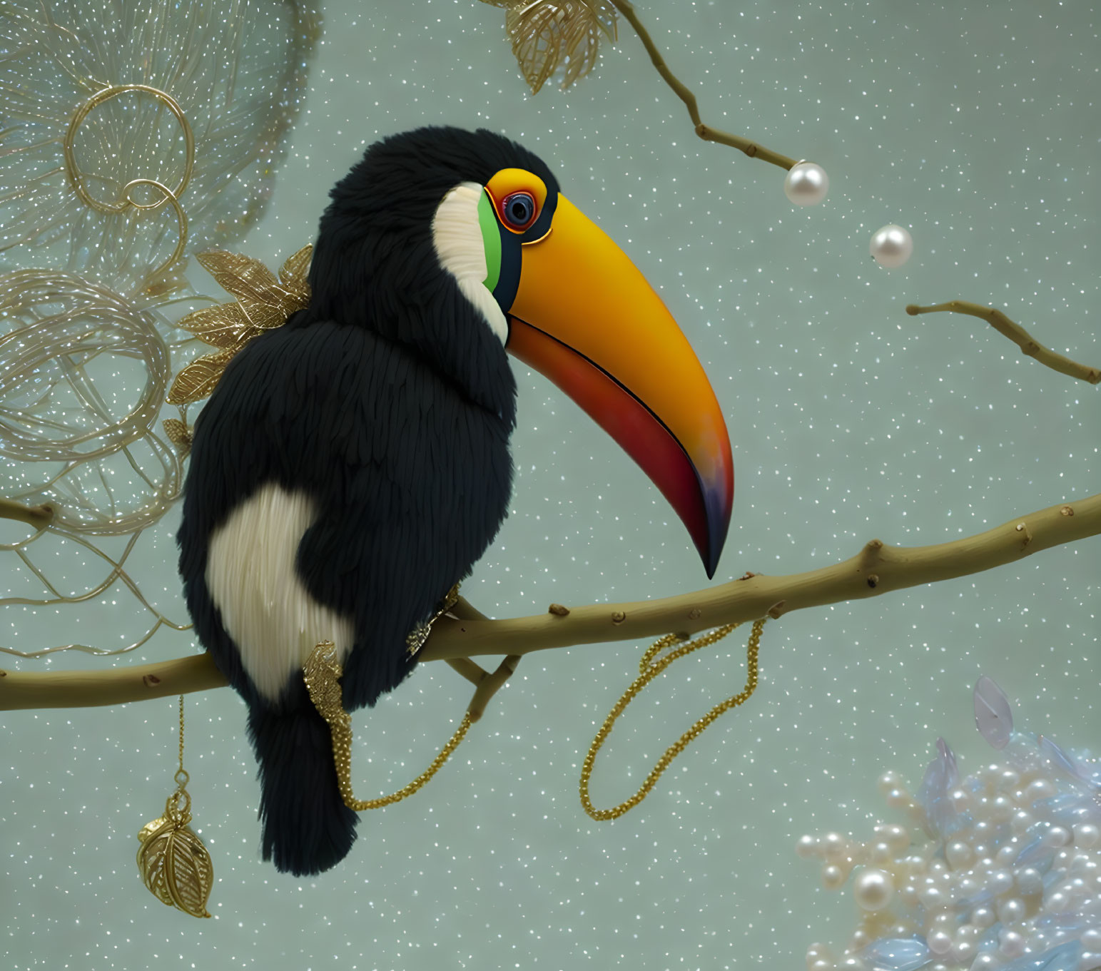 Colorful toucan perched on branch with pearls and golden leaves on gray background