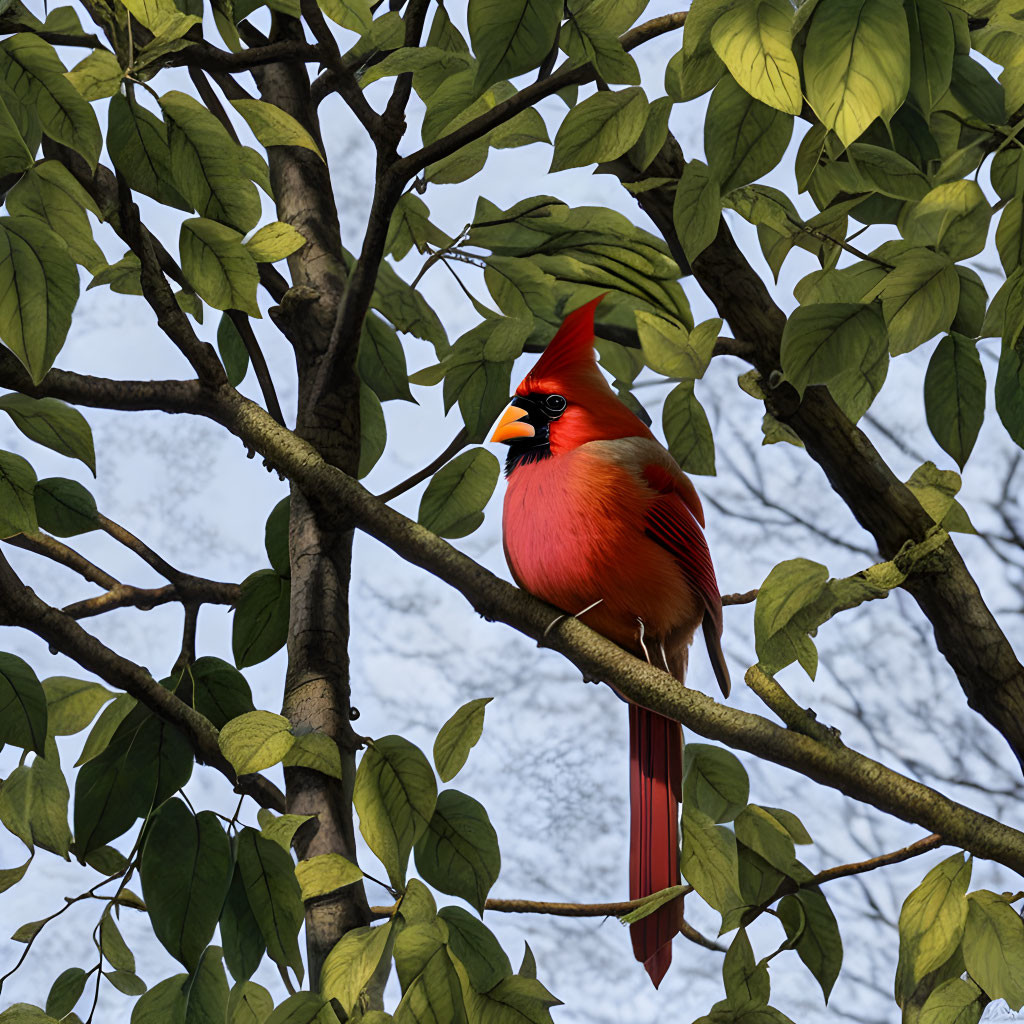 Vibrant red cardinal bird on branch with green leaves against blue sky