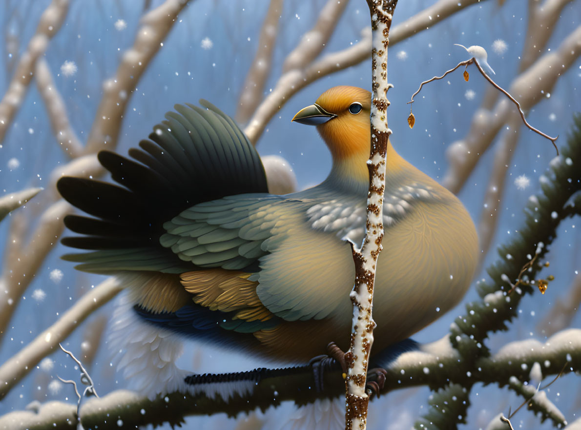 Colorful Bird with Yellow Head Perched on Snowy Branch with Spread Wing