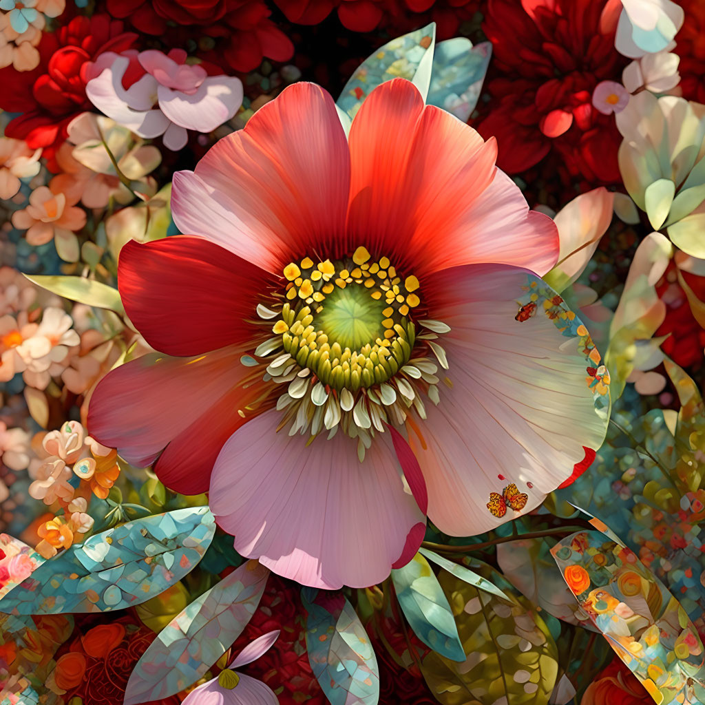 Detailed Digital Art: Red Flower with Colorful Foliage