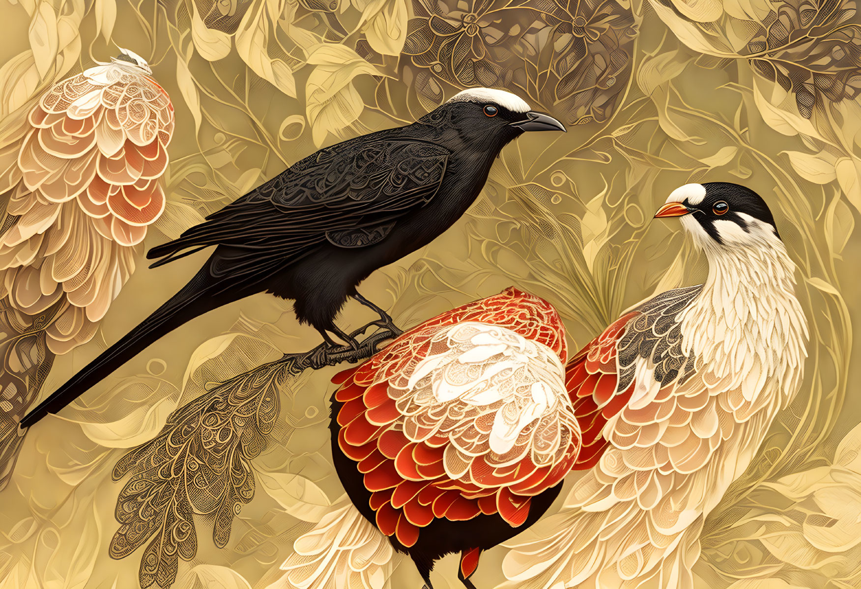 Detailed illustration of black crow and red & white birds on golden floral backdrop