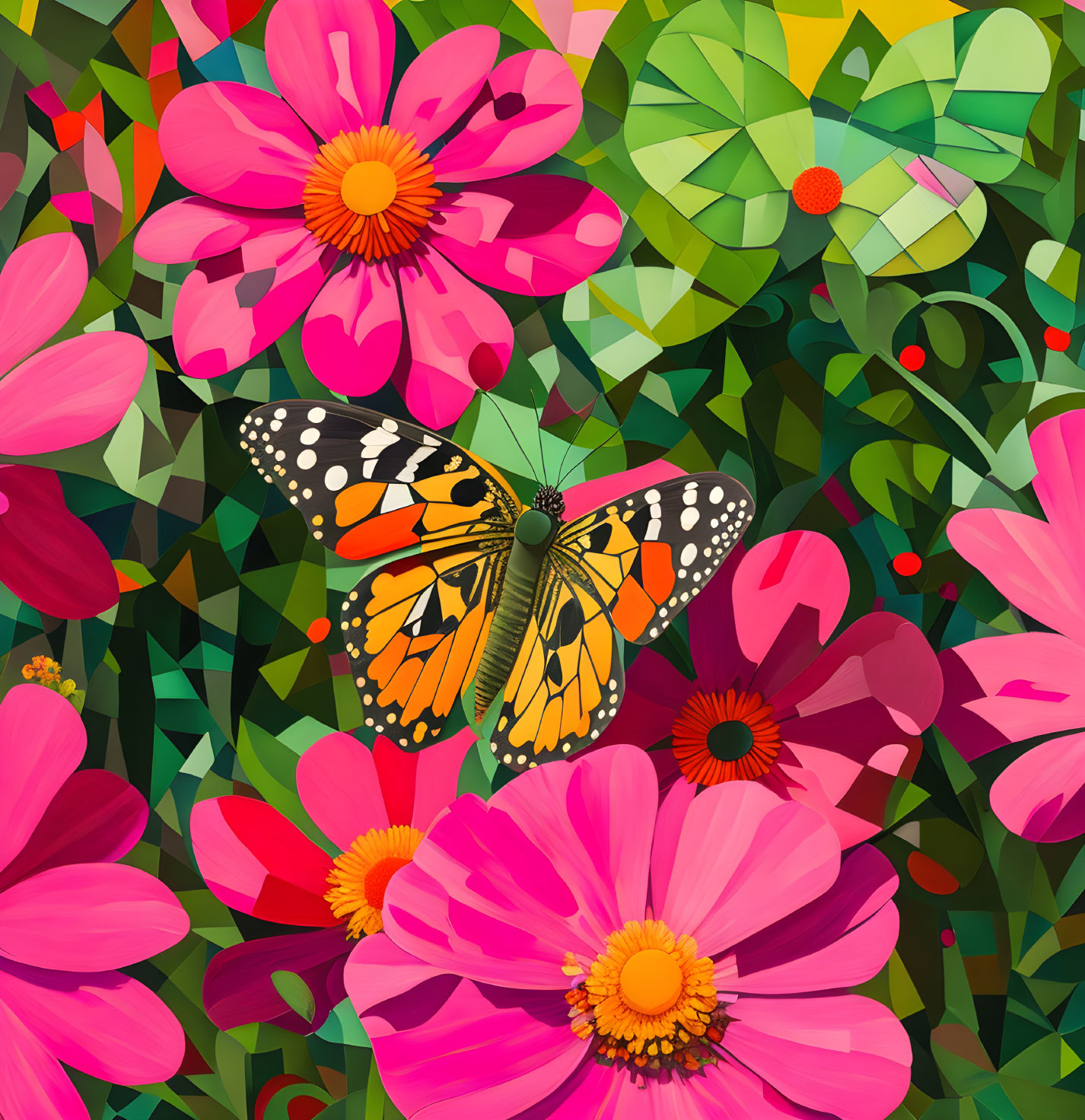 Vibrant monarch butterfly on pink flower in colorful digital art