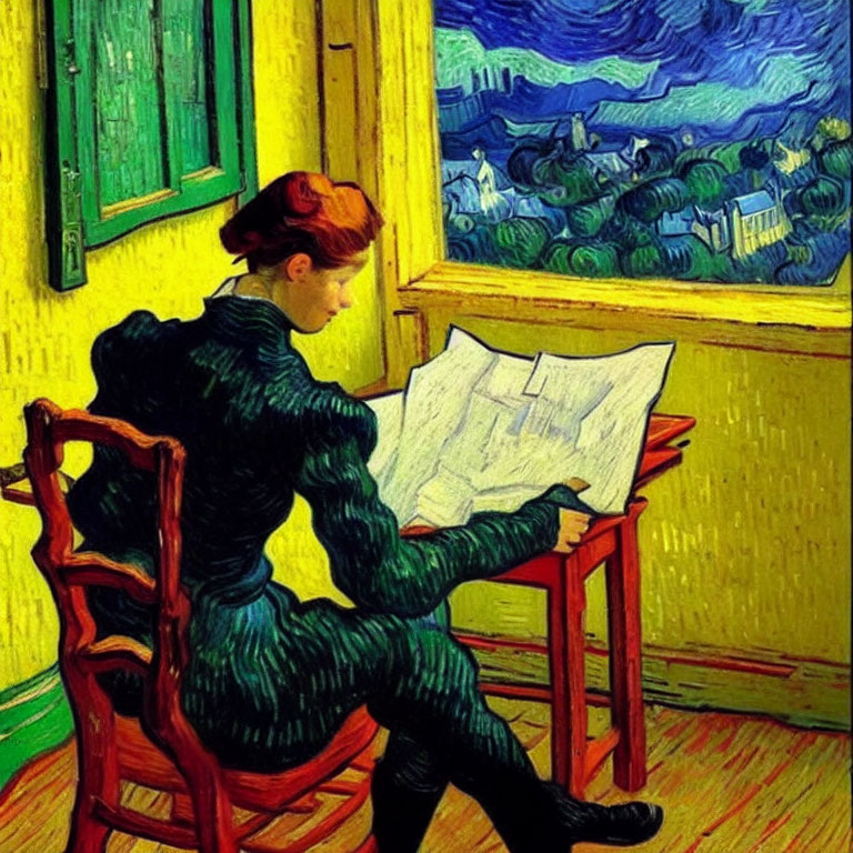 Woman in black dress reading paper by vibrant yellow-framed window at night.