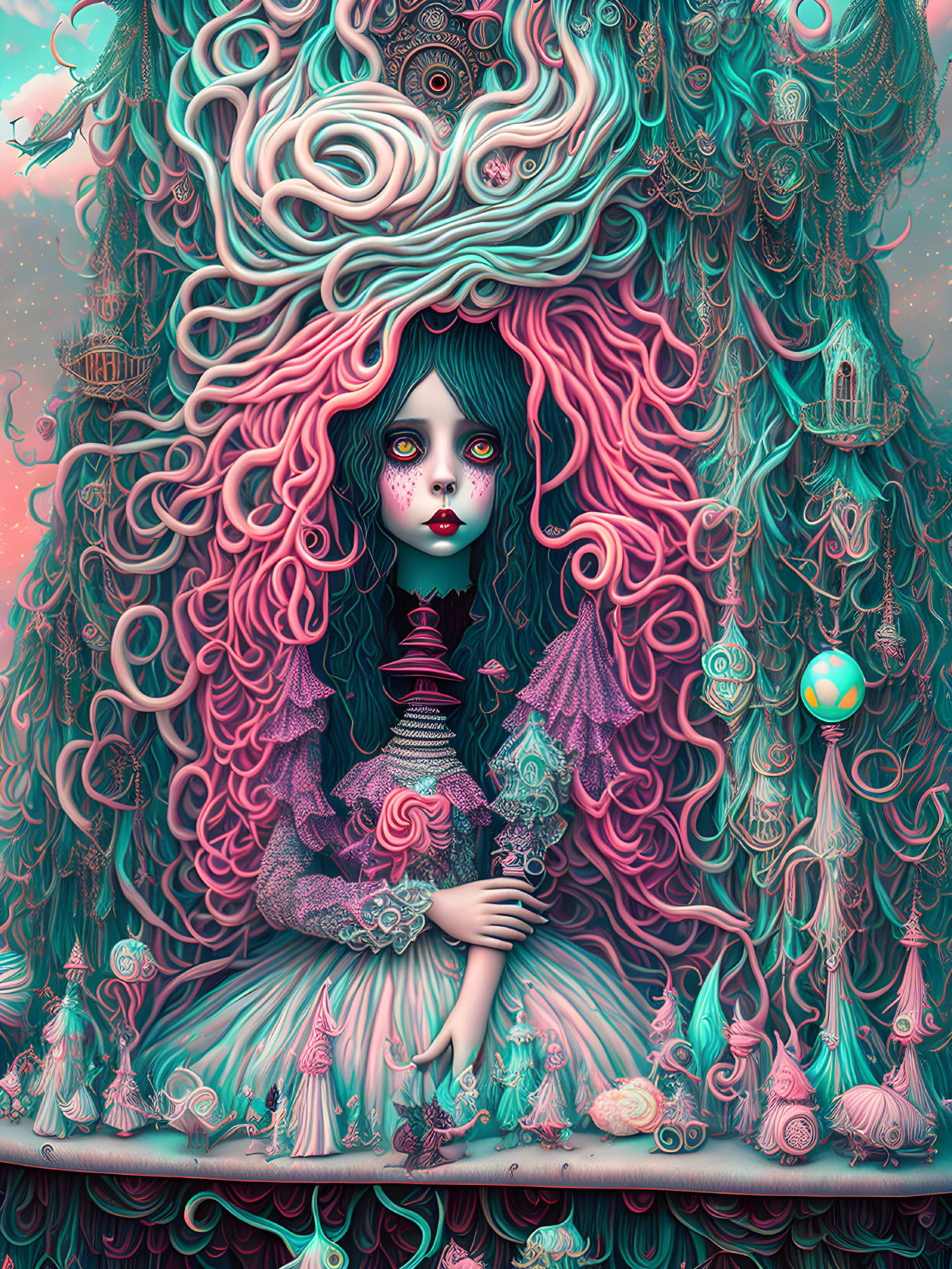 Surreal artwork featuring girl with flowing hair and vibrant colors