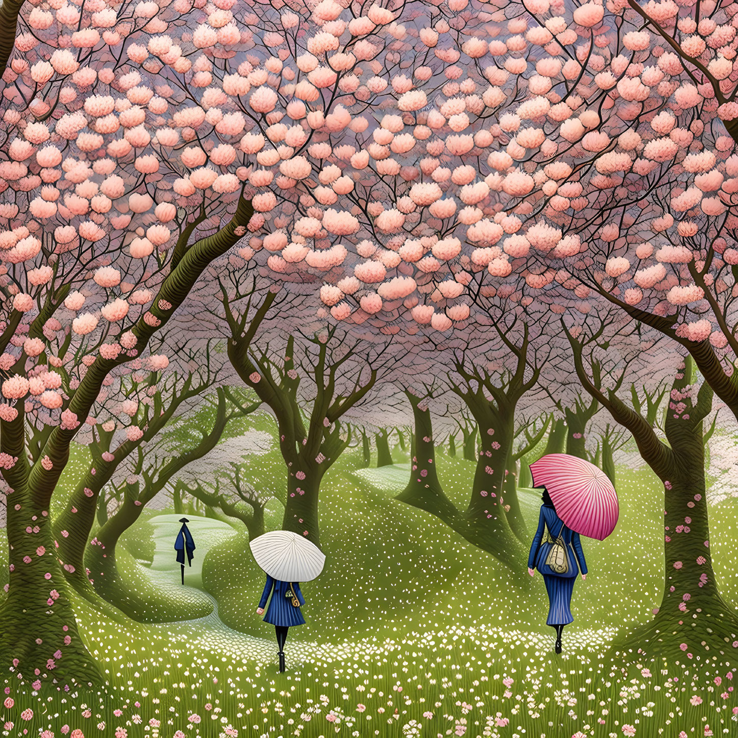 Illustration of People with Umbrellas Walking Under Cherry Blossoms