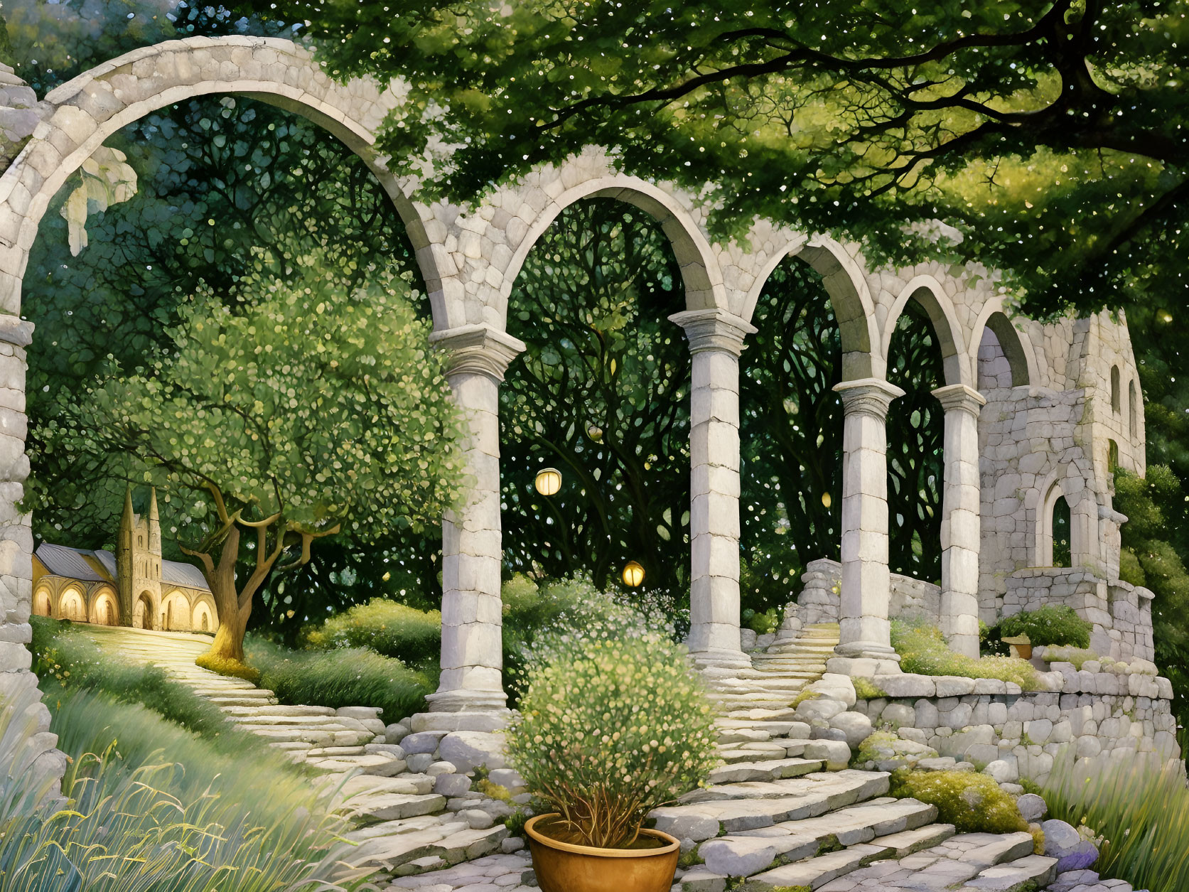 Illustration of stone archway in green setting with lantern-lit steps.