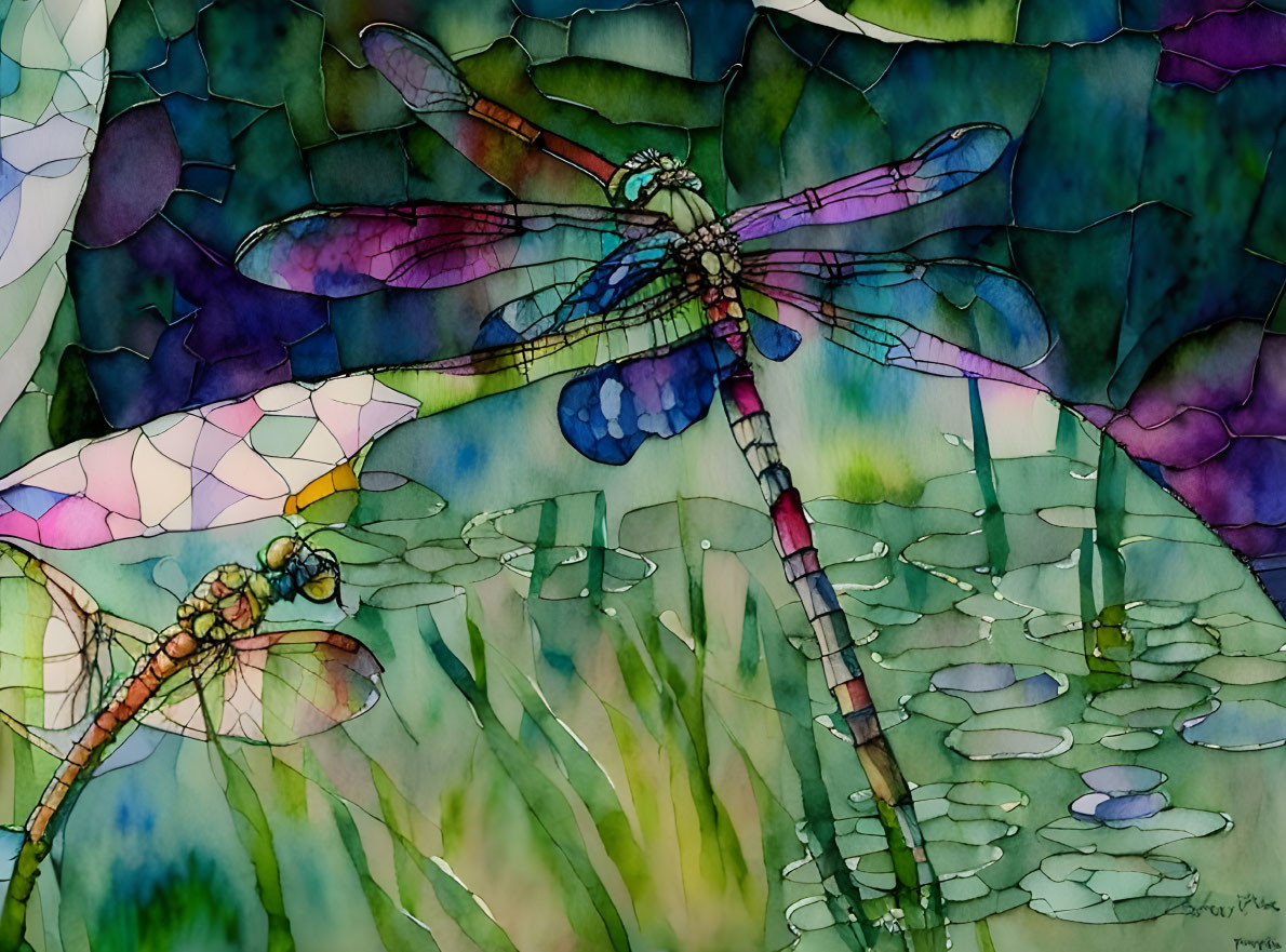 Vibrant Dragonfly Stained Glass Artwork with Water and Lily Pads