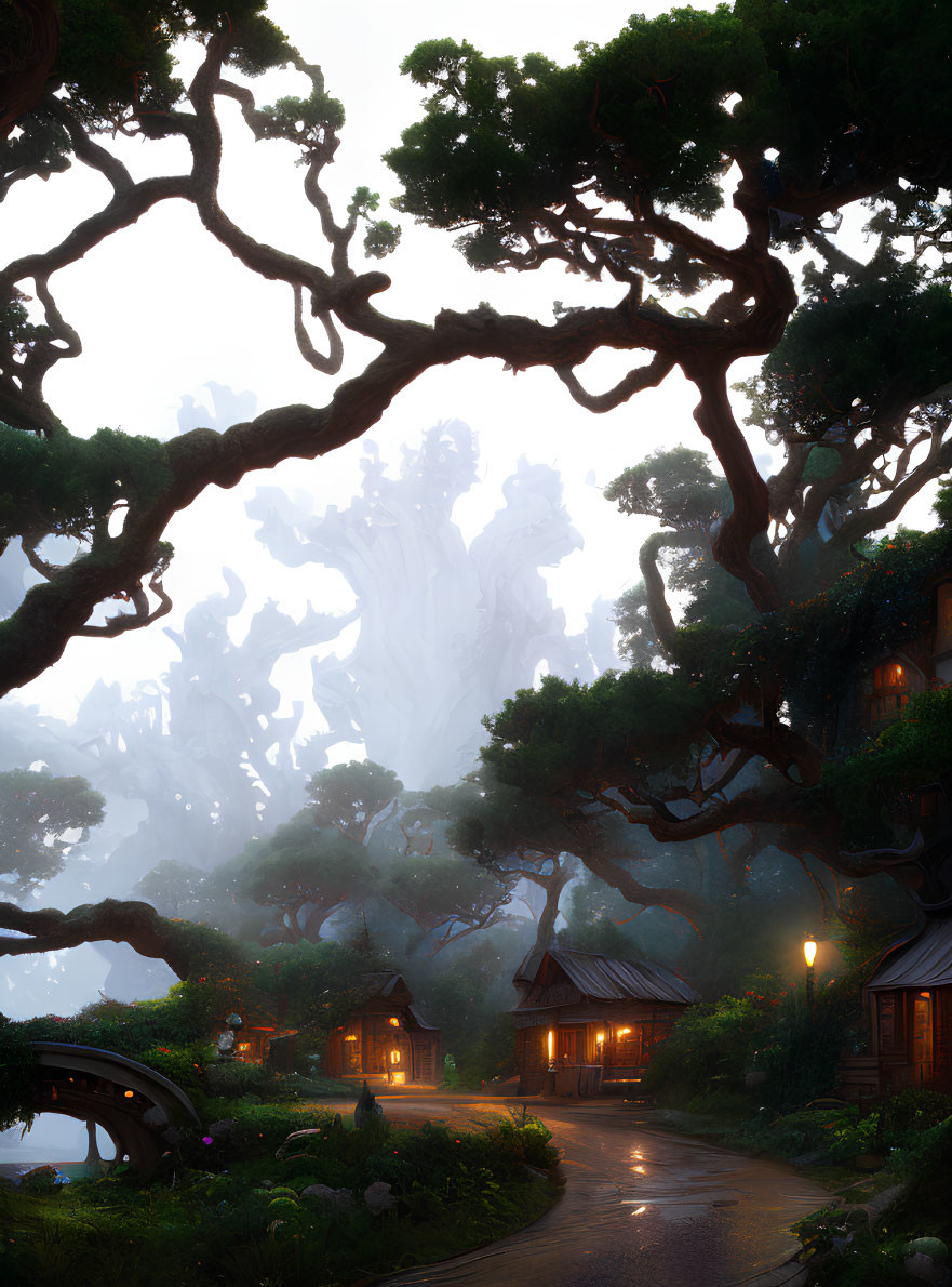 Mystical forest scene with towering trees, fog, cottages, and stone bridge