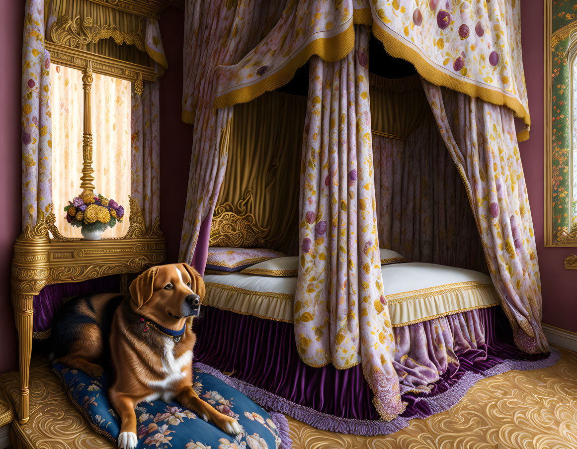 Luxurious Canopied Bed with Dog on Ornate Carpet