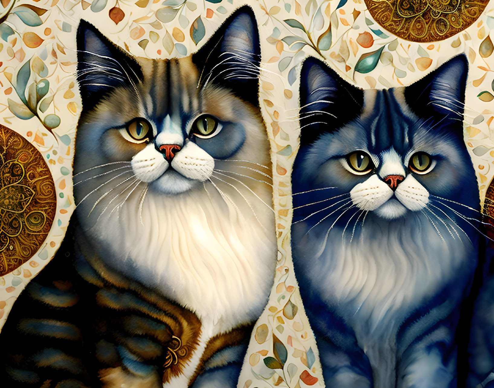 Illustrated cats with unique fur patterns and big eyes on decorative floral background