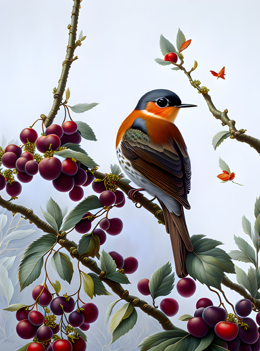 Colorful bird on branch with green leaves and red cherries in nature scene