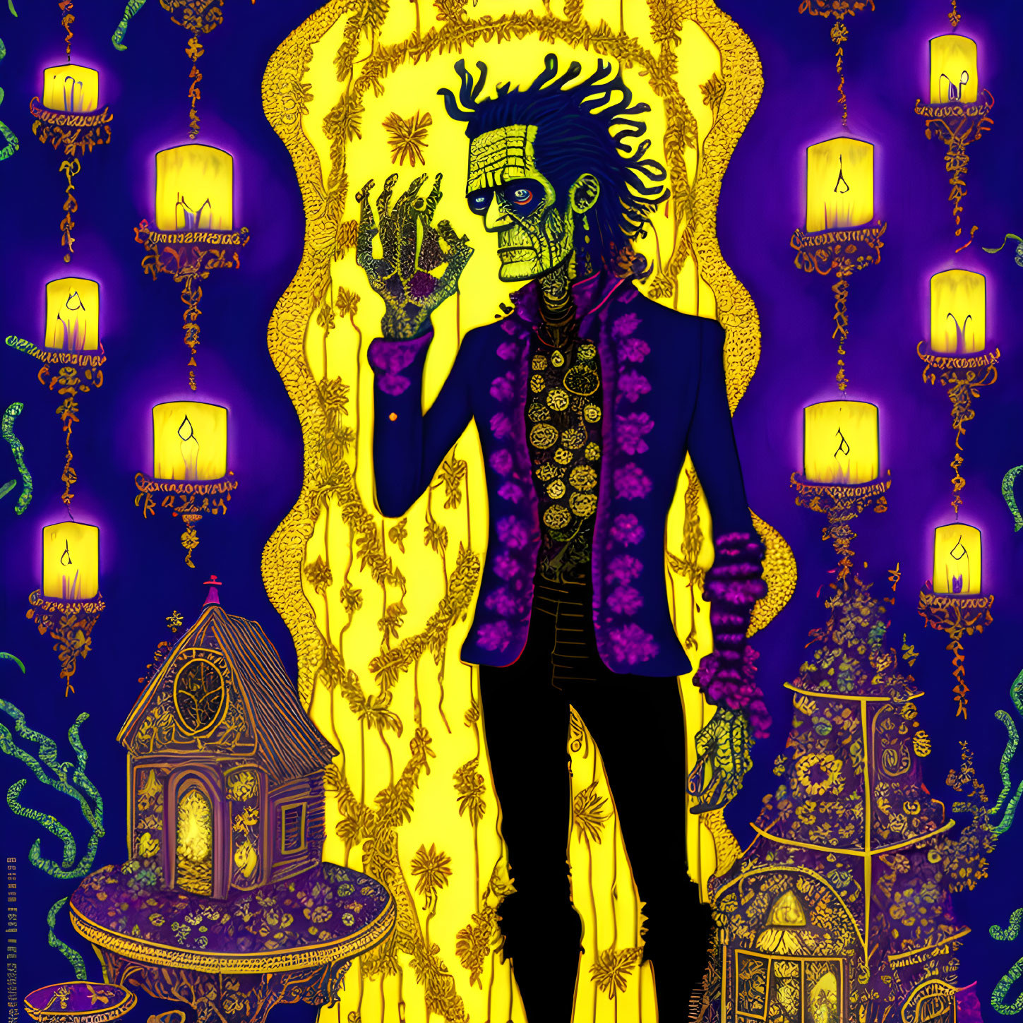 Stylized skeleton in purple floral suit with golden aura, snakes, candles, gothic architecture on