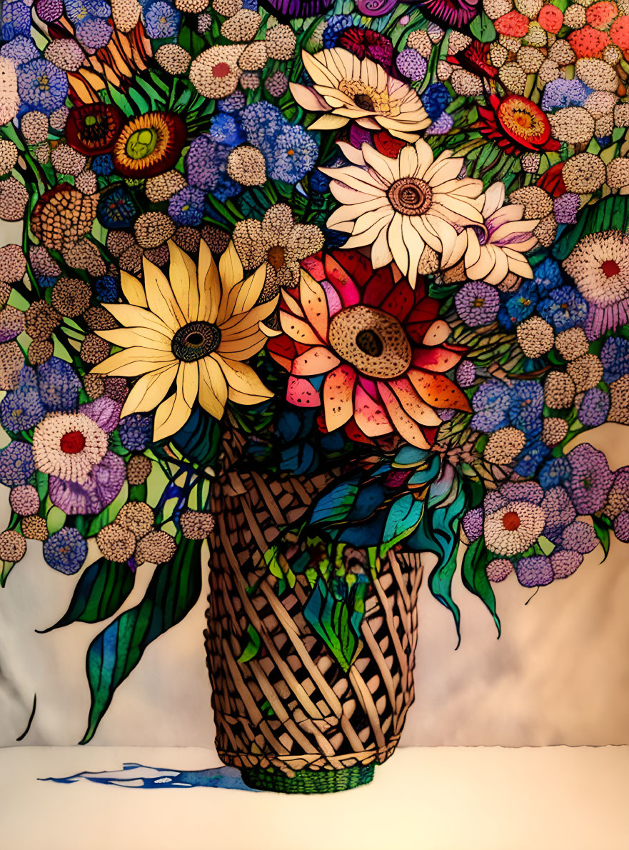 Colorful Artificial Flower Arrangement in Woven Basket on Floral Patterned Backdrop