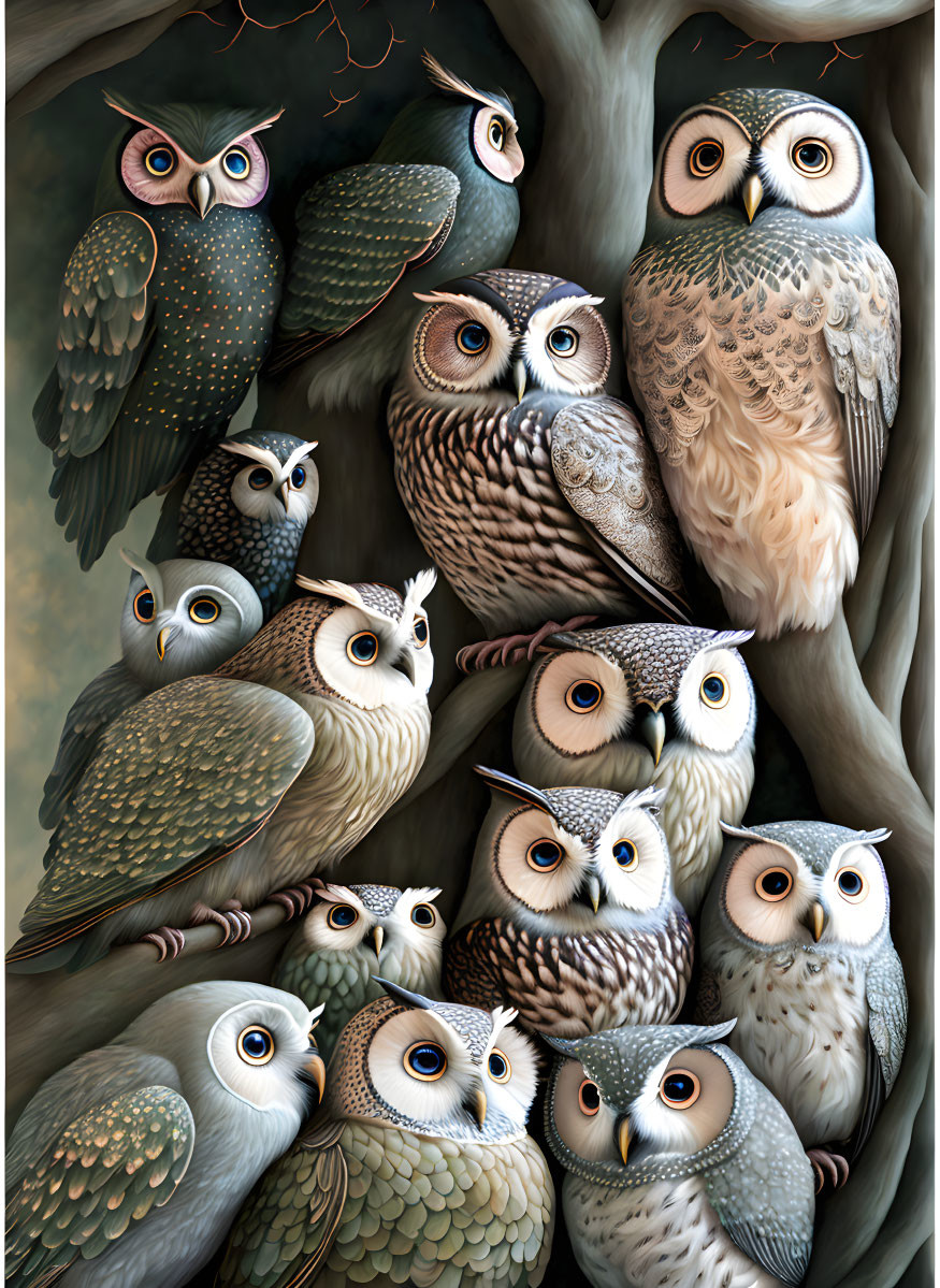 Stylized owls with unique patterns perched on tree branches